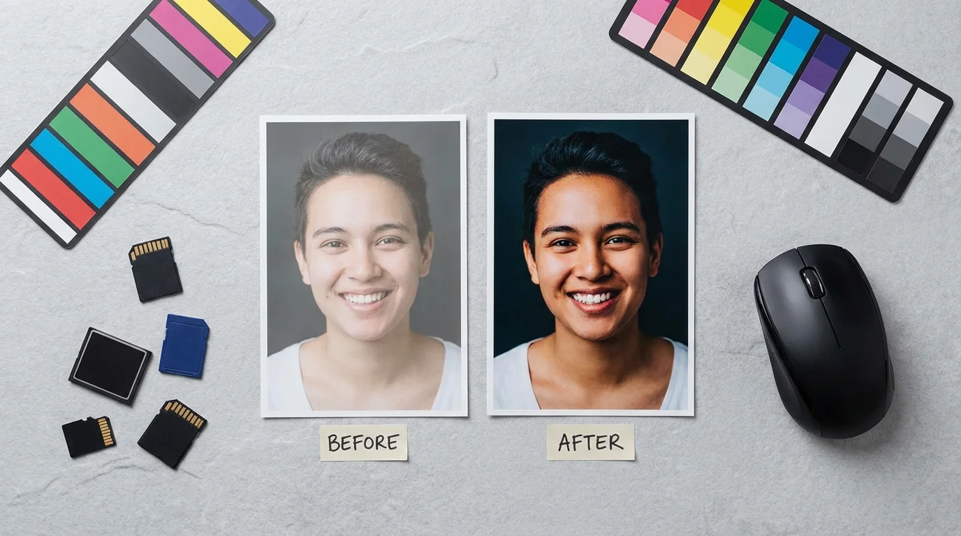 Flat lay of before and after portrait prints, a computer mouse, and color swatches.