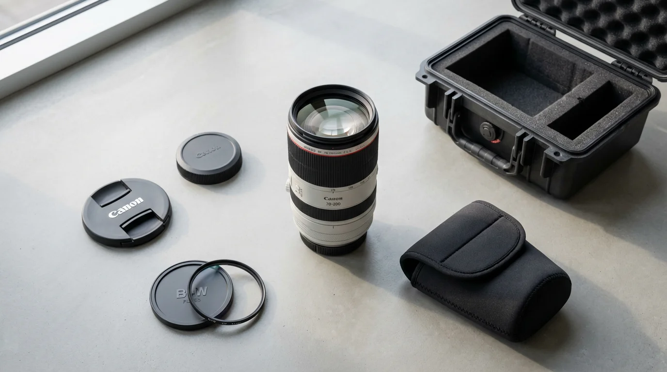 Flat lay of camera lens with protective caps, filter, soft pouch, and hard case.