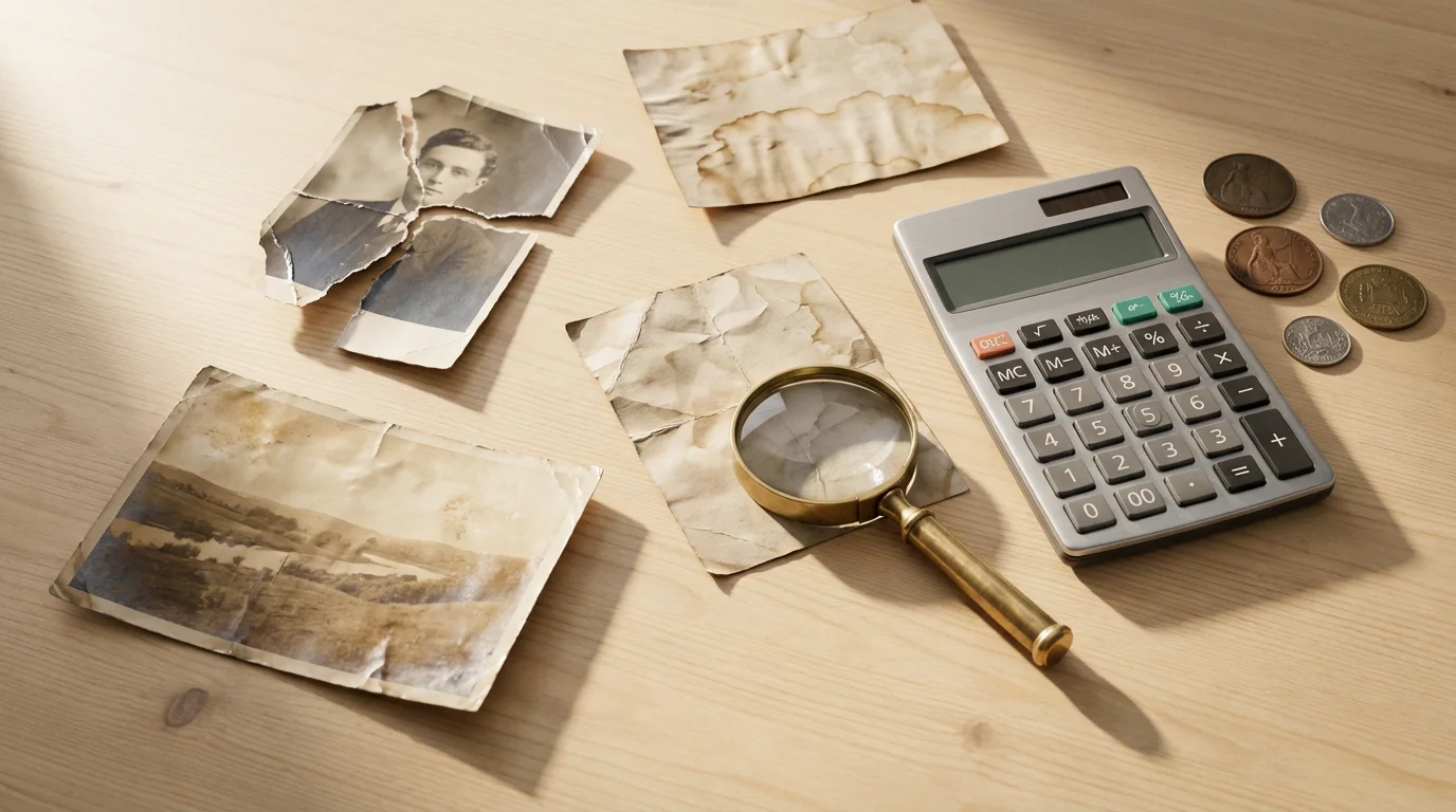Flat lay of damaged vintage photos with a calculator and coins, representing photo restoration costs.