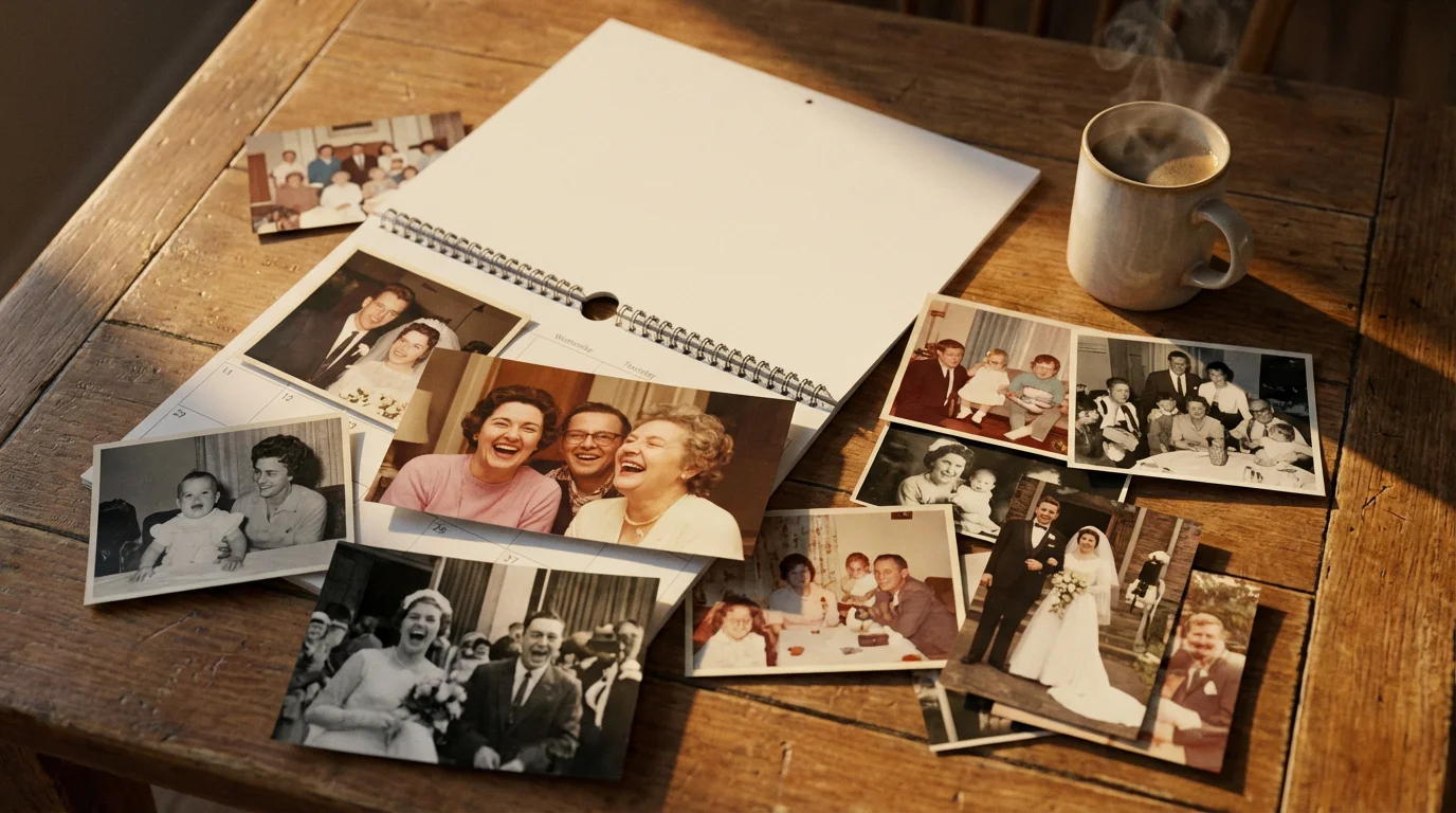 Flat lay of family photos, a blank calendar, and a mug during golden hour.