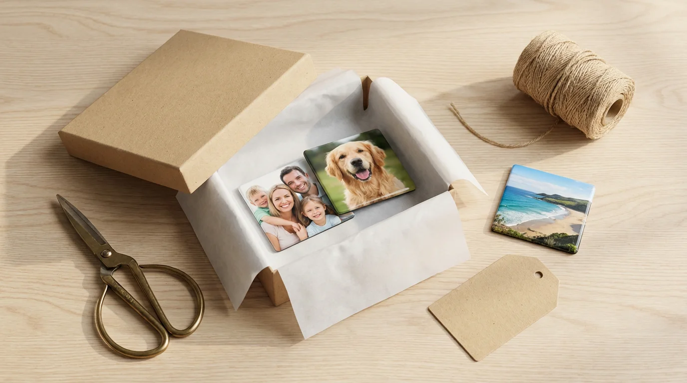Flat lay of handmade photo magnets being placed into a gift box with twine.