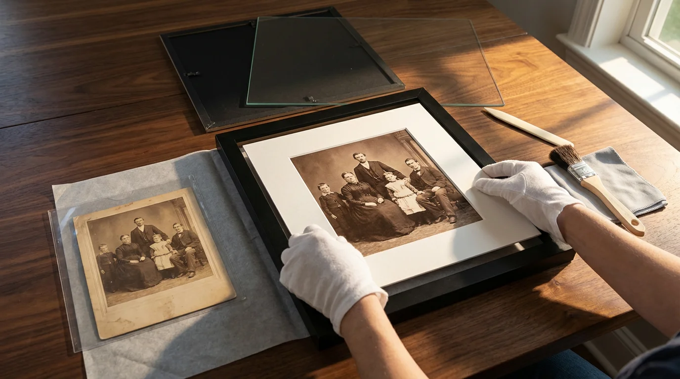 Flat lay of hands framing a reproduction of an antique photo beside the original.