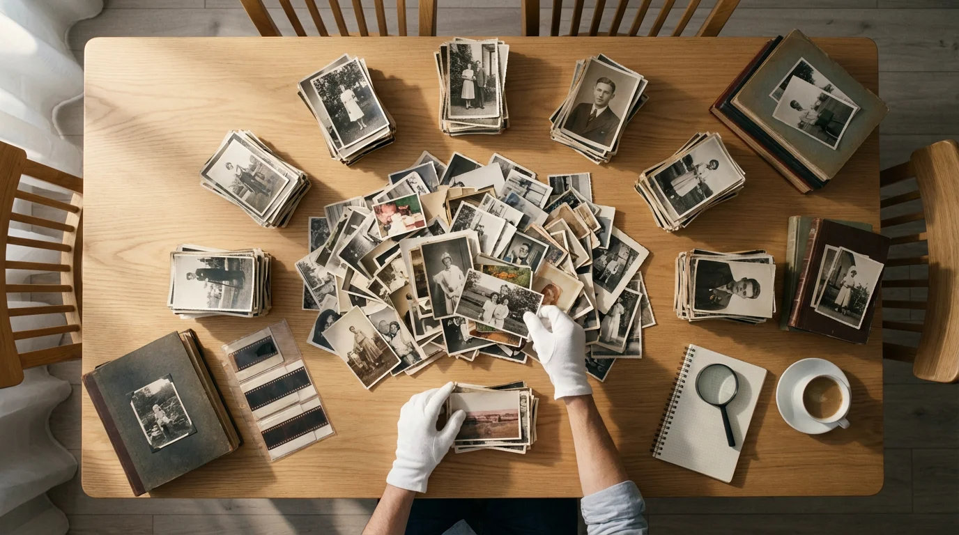 Flat lay of hands in cotton gloves sorting piles of vintage photographs on a wooden table.