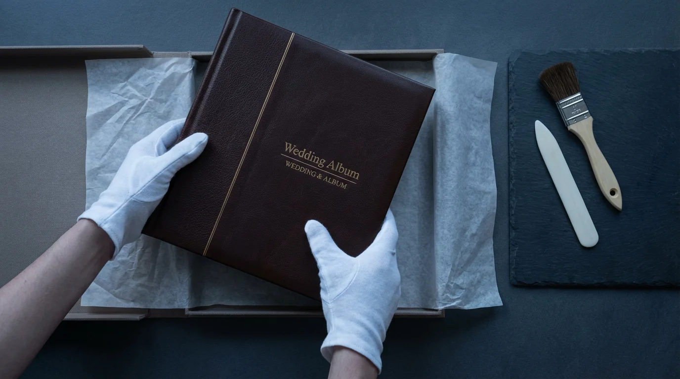 Flat lay of hands in gloves placing a wedding album into an archival box.
