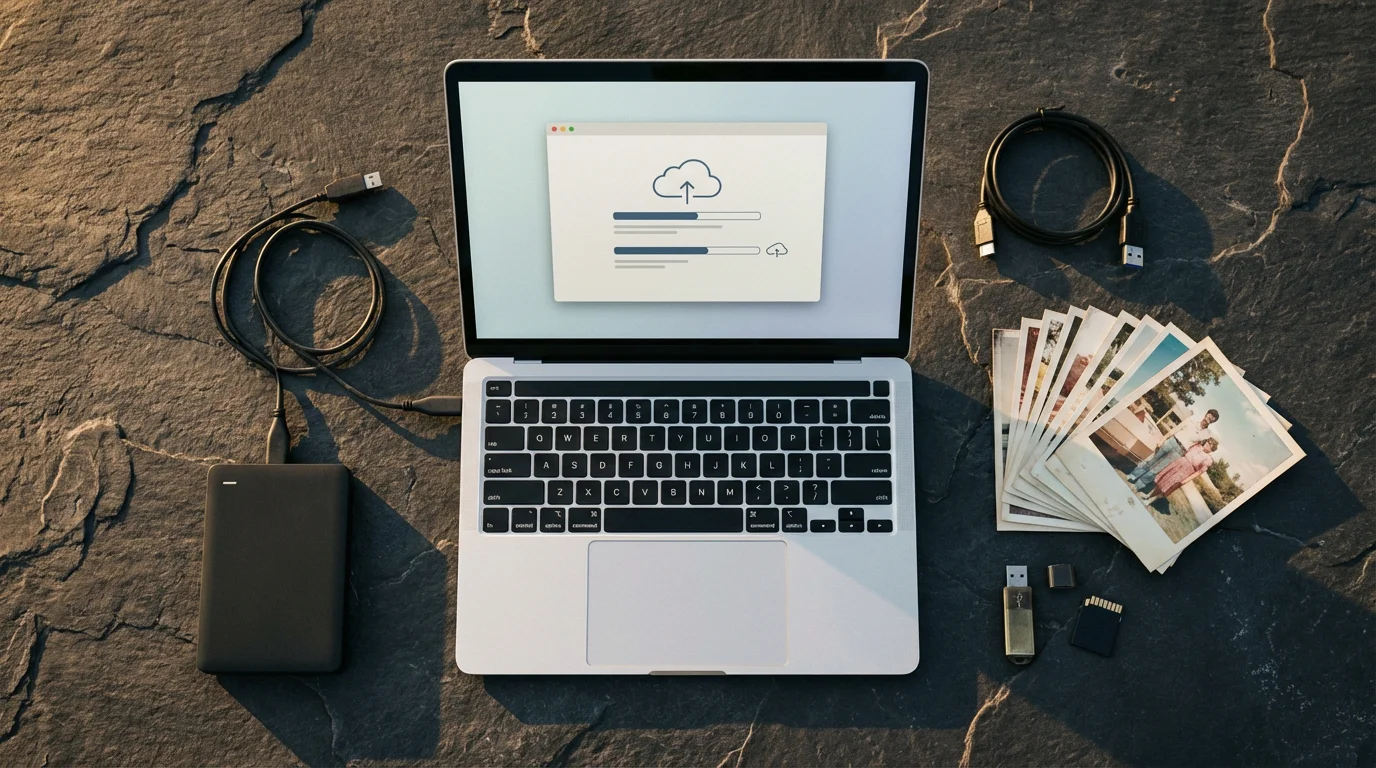 Flat lay of laptop, external drive, and vintage photos representing digital photo backup.