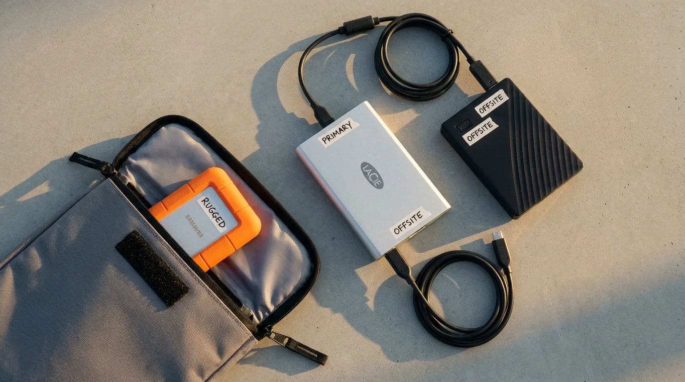 Flat lay of multiple external hard drives and a fireproof bag representing photo backup.