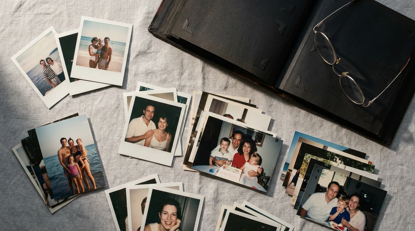 Flat lay of old family photographs, a vintage album, and glasses being sorted.