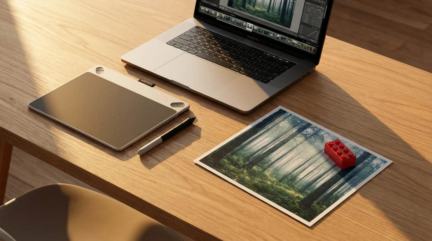 Flat lay of photo editing tools on a wooden desk during golden hour.