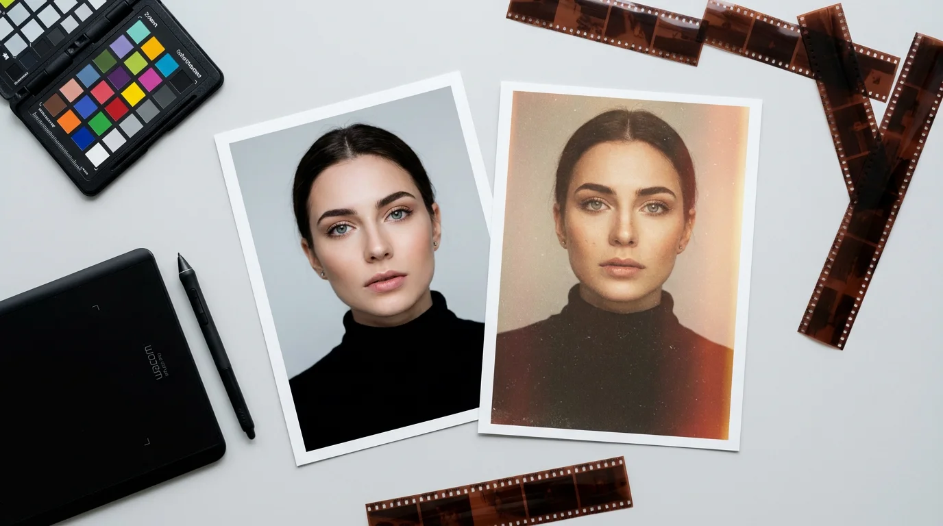 Flat lay of photo editing tools with before and after vintage-effect prints.