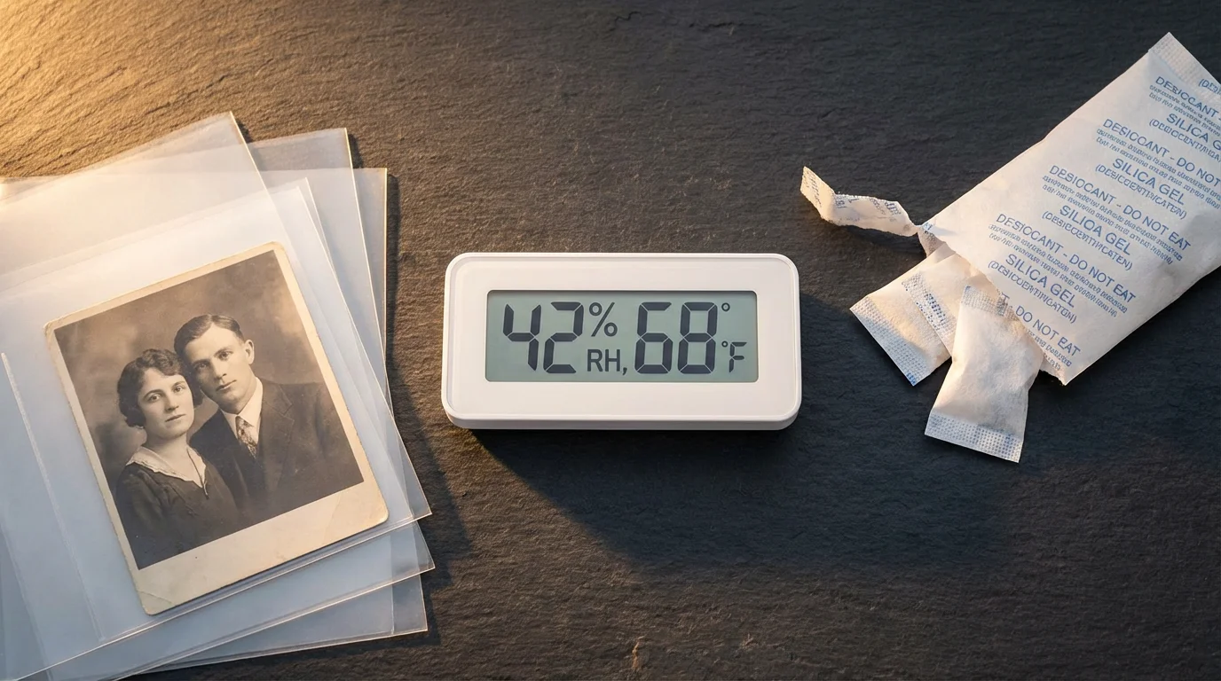 Flat lay of photo preservation tools like a hygrometer and archival sleeves at golden hour.