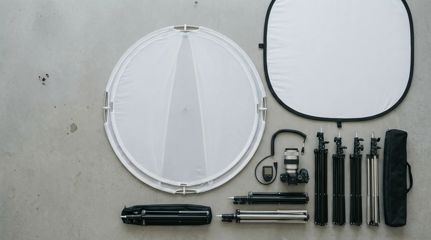 Flat lay of photography gear including a scrim diffuser and reflector for harsh light.