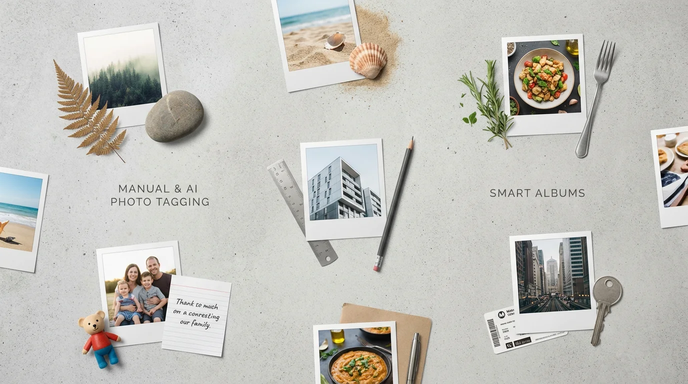 Flat lay of printed photos and objects sorted into organized thematic groups.