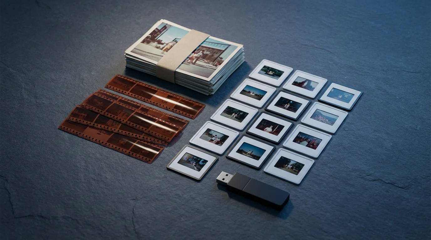 Flat lay of professionally organized vintage photos, slides, negatives, and a USB drive.