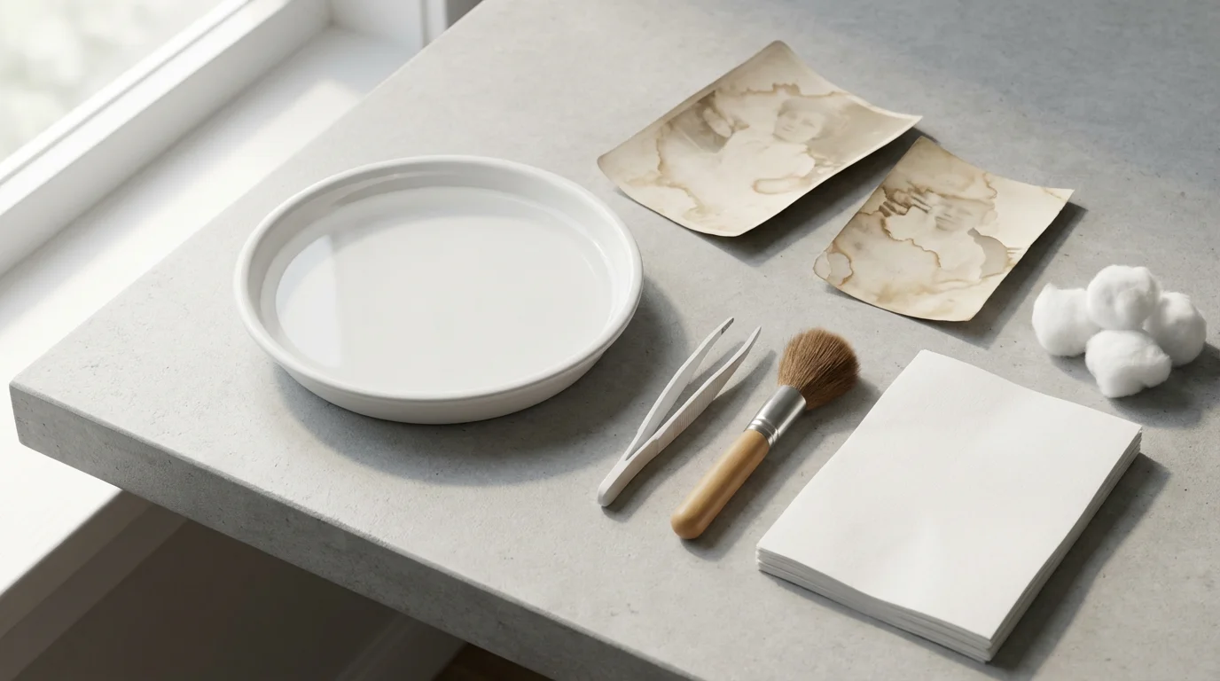 Flat lay of tools for photo restoration: water tray, tweezers, brush, and paper.
