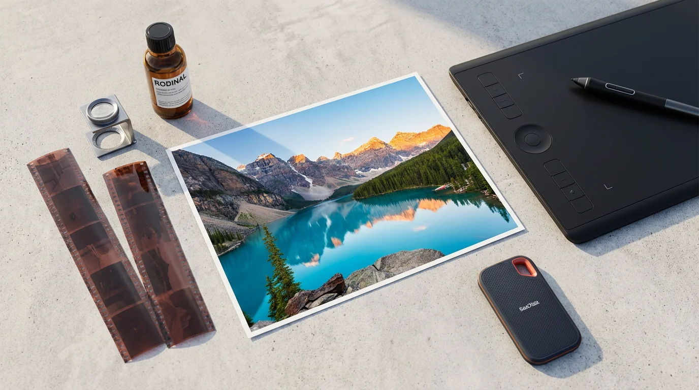 Flat lay of traditional film tools and modern digital photography equipment, representing a choice.