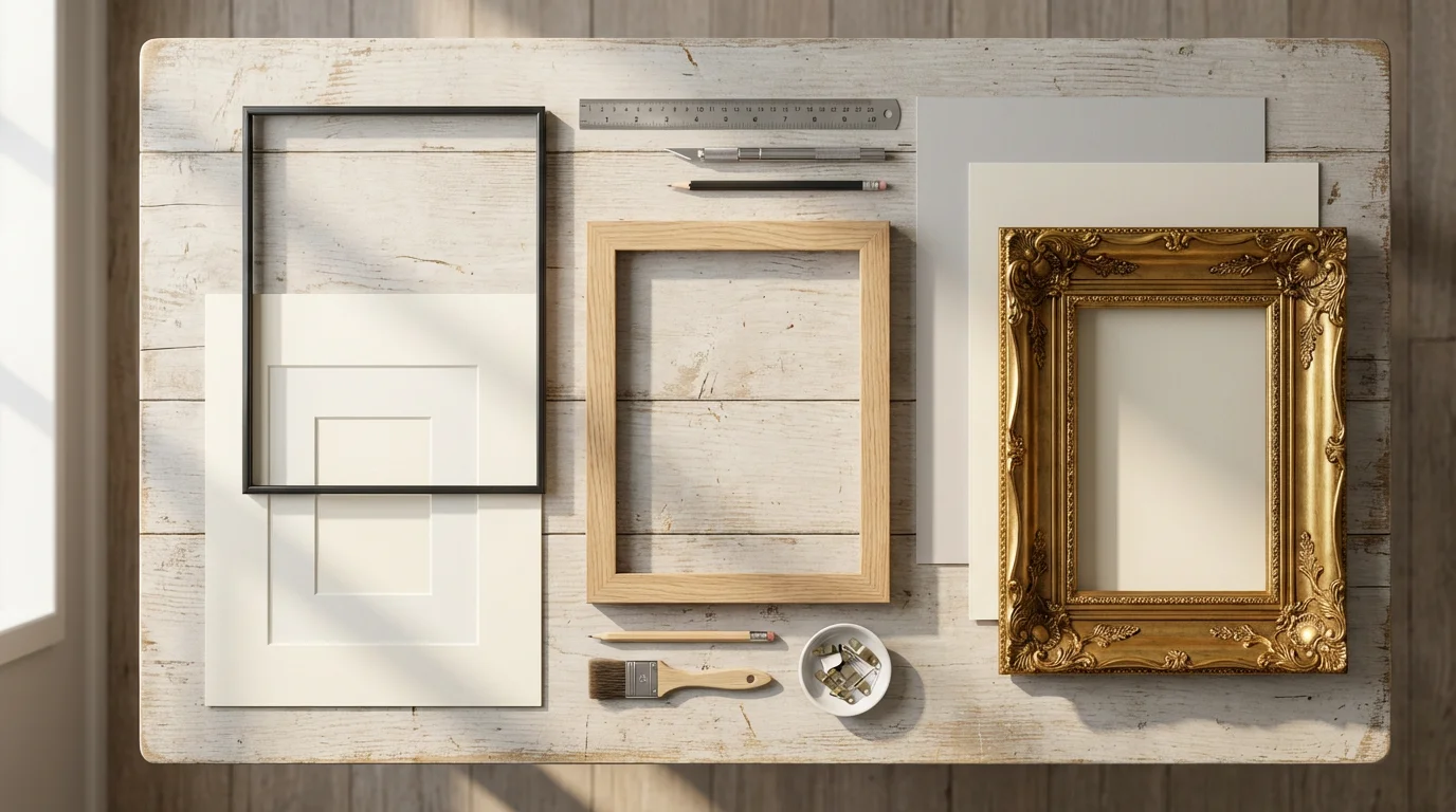Flat lay of various picture frames, mat boards, and tools for a photo wall.