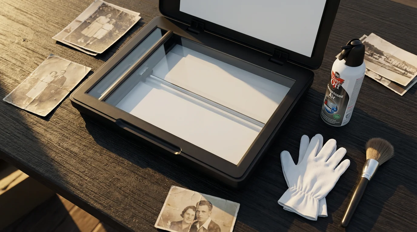 Flat lay of vintage photos, a scanner, and archival tools for digital restoration.