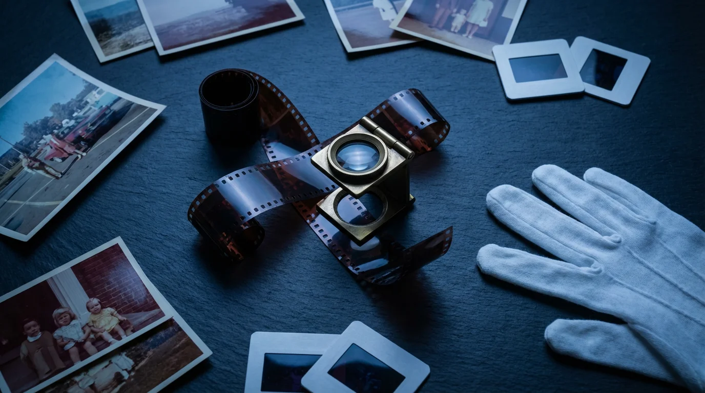 Flat lay of vintage photos, film negatives, slides, and archival gloves at blue hour.