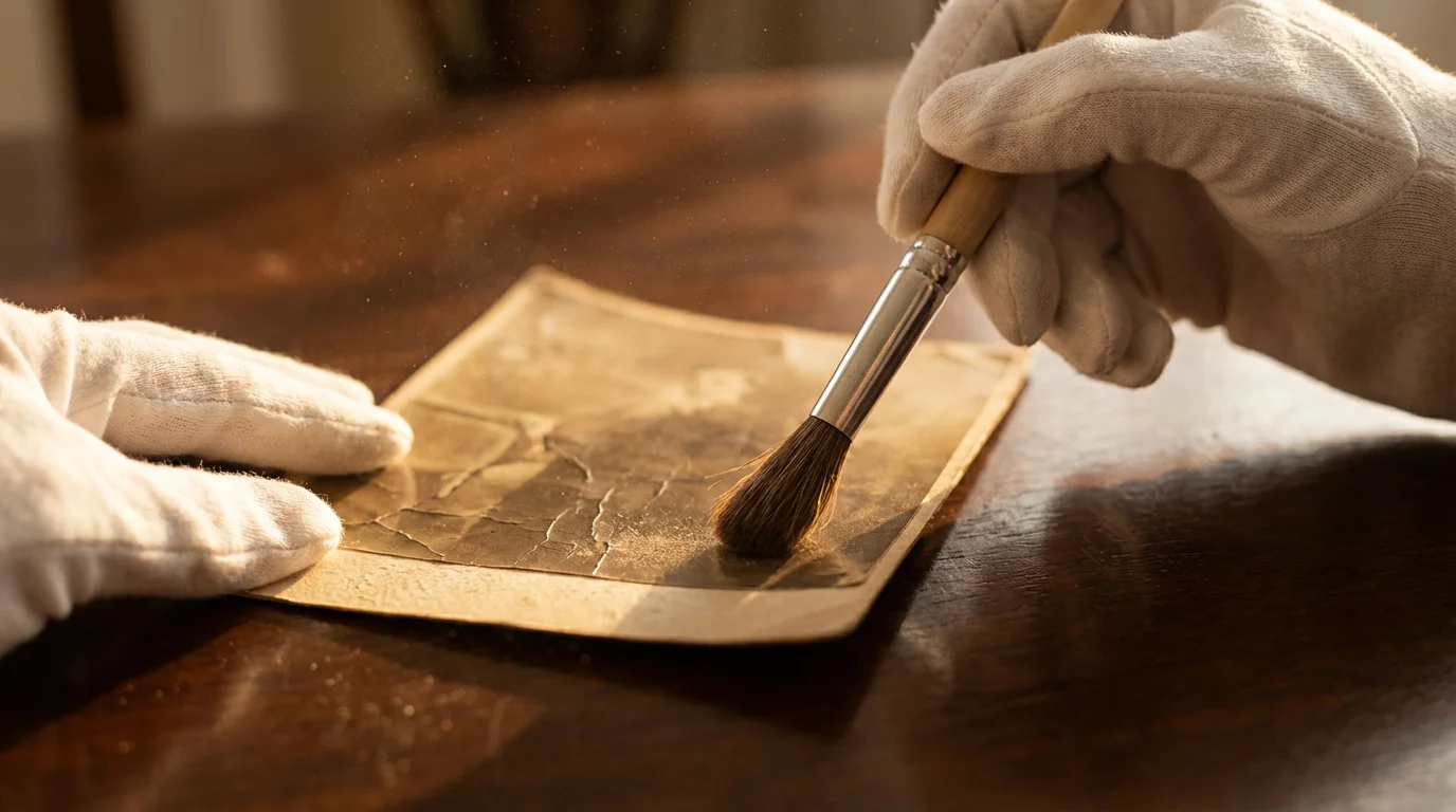 Gloved hands carefully cleaning a large, antique sepia photograph with a soft brush.