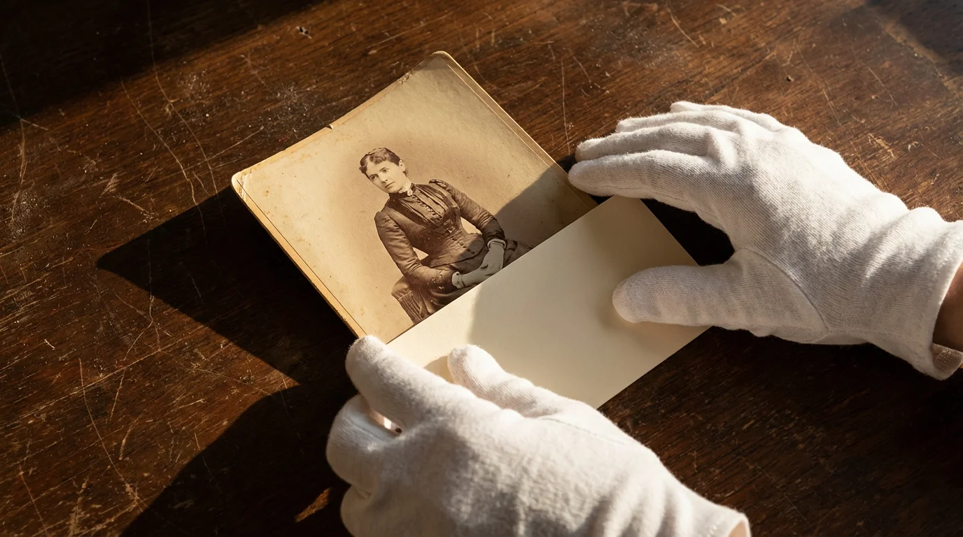 Gloved hands carefully sliding acid-free card stock under an antique sepia photograph for support.