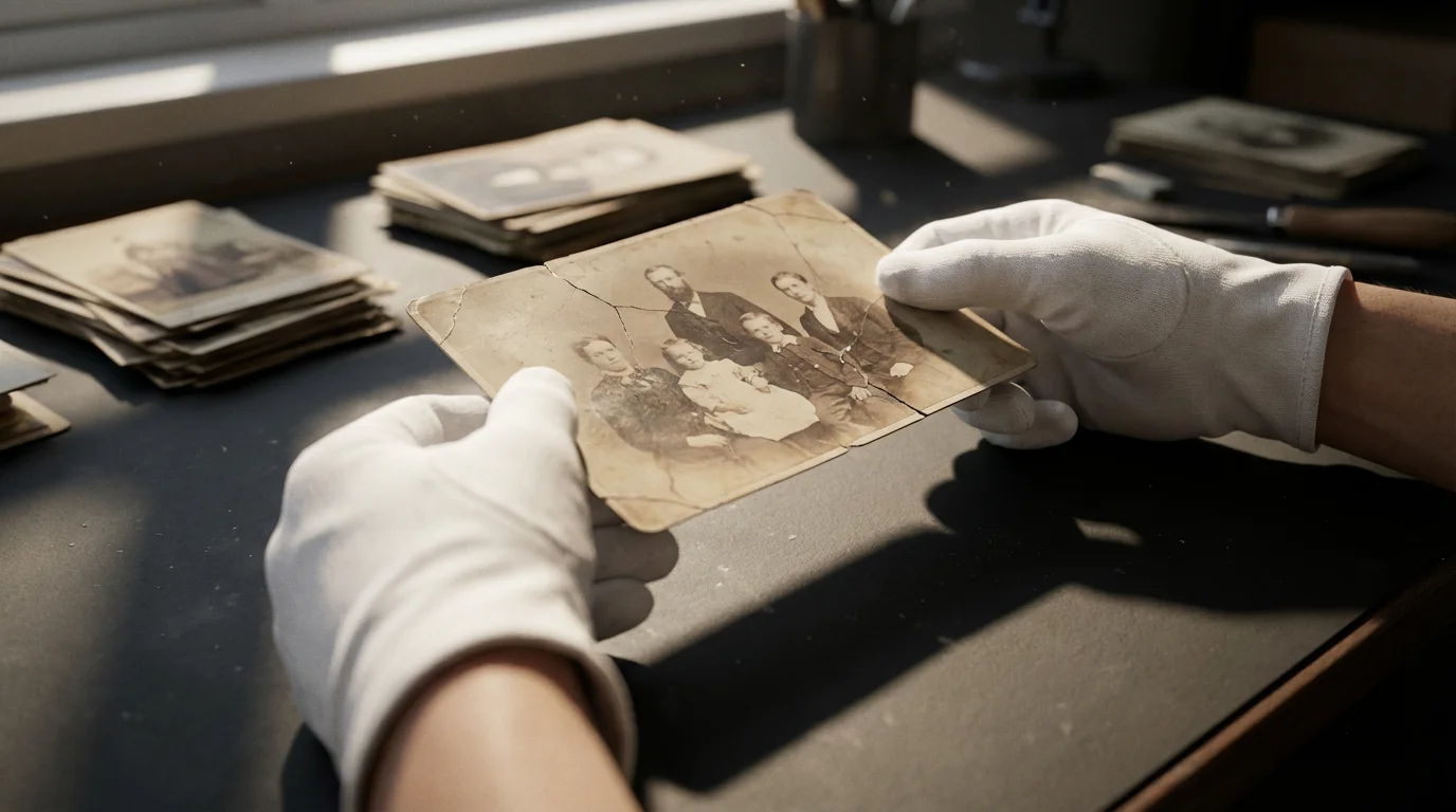 Gloved hands of a professional carefully examining a damaged vintage photograph on a workbench.