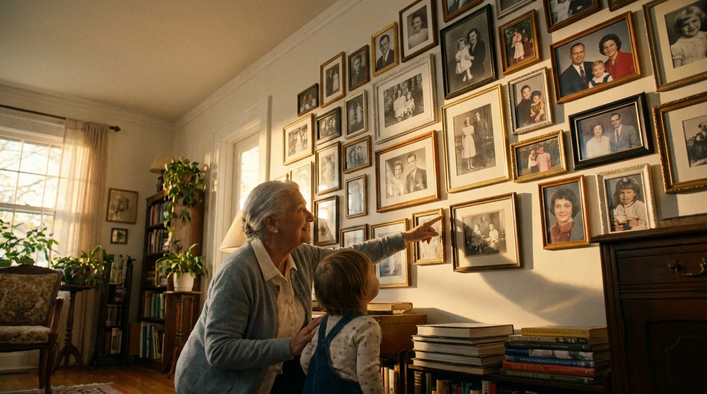 Grandmother and child looking at a family photo gallery wall during golden hour light.