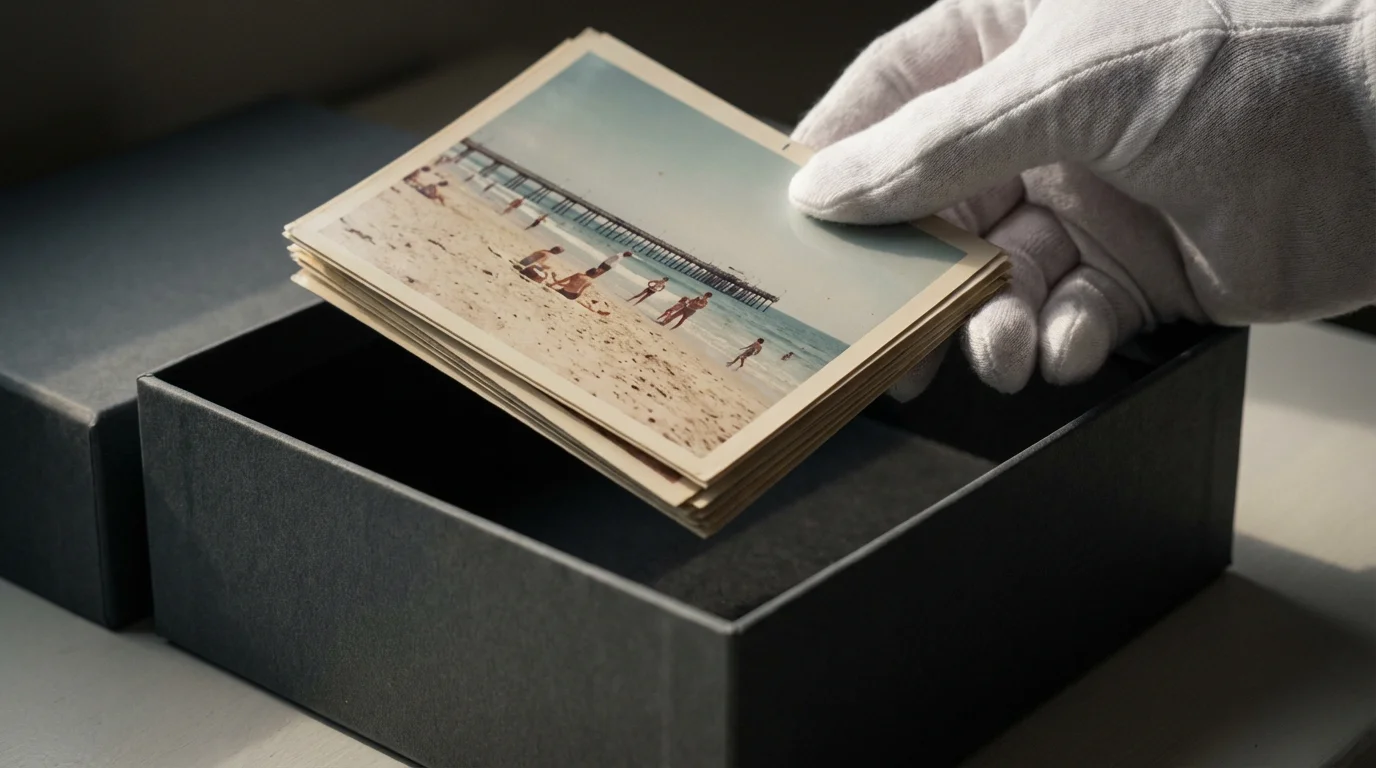 Hand in a white glove placing vintage photos into an acid-free archival storage box.