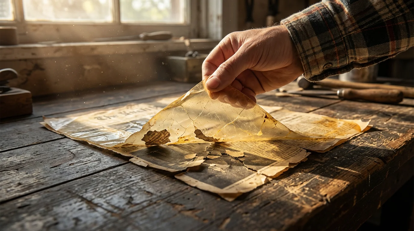 Hand peeling cracked contact paper off a torn, stained newspaper clipping, causing damage.