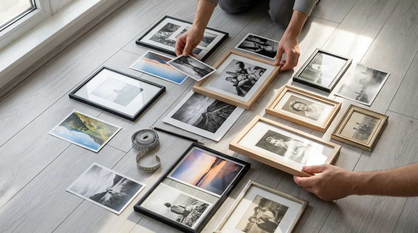 Hands arranging framed photographs and prints on a wooden floor to plan a gallery wall.