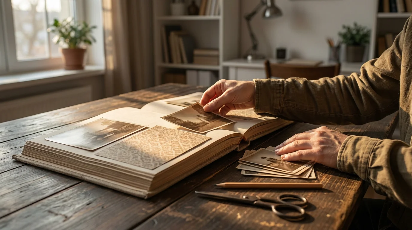 Hands arranging photos and papers on a blank scrapbook page on a wooden table.
