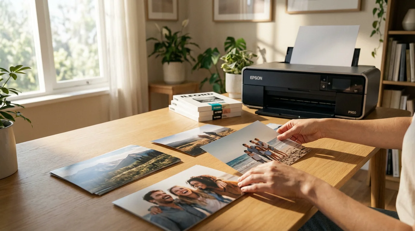 Hands arranging printed photos for a craft project on a sunlit wooden desk.