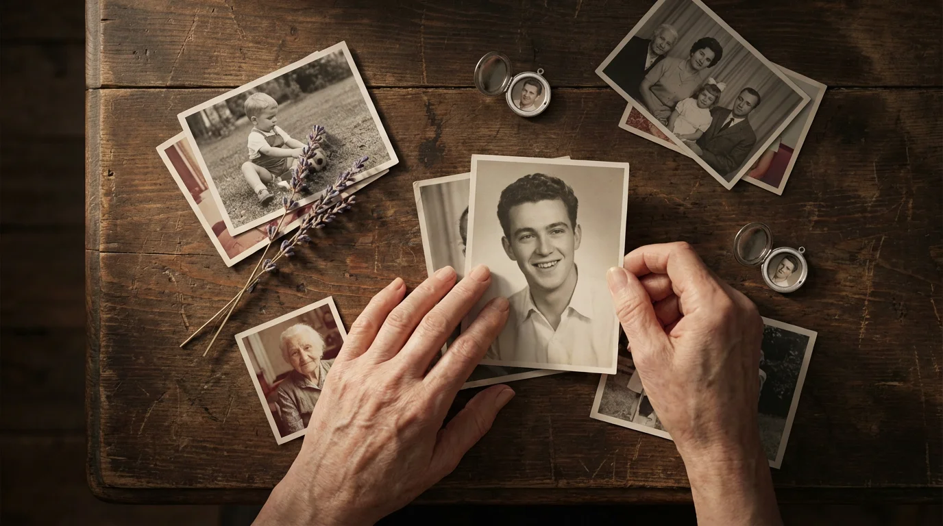 Hands arranging vintage photographs and mementos on a wooden table in warm afternoon light.