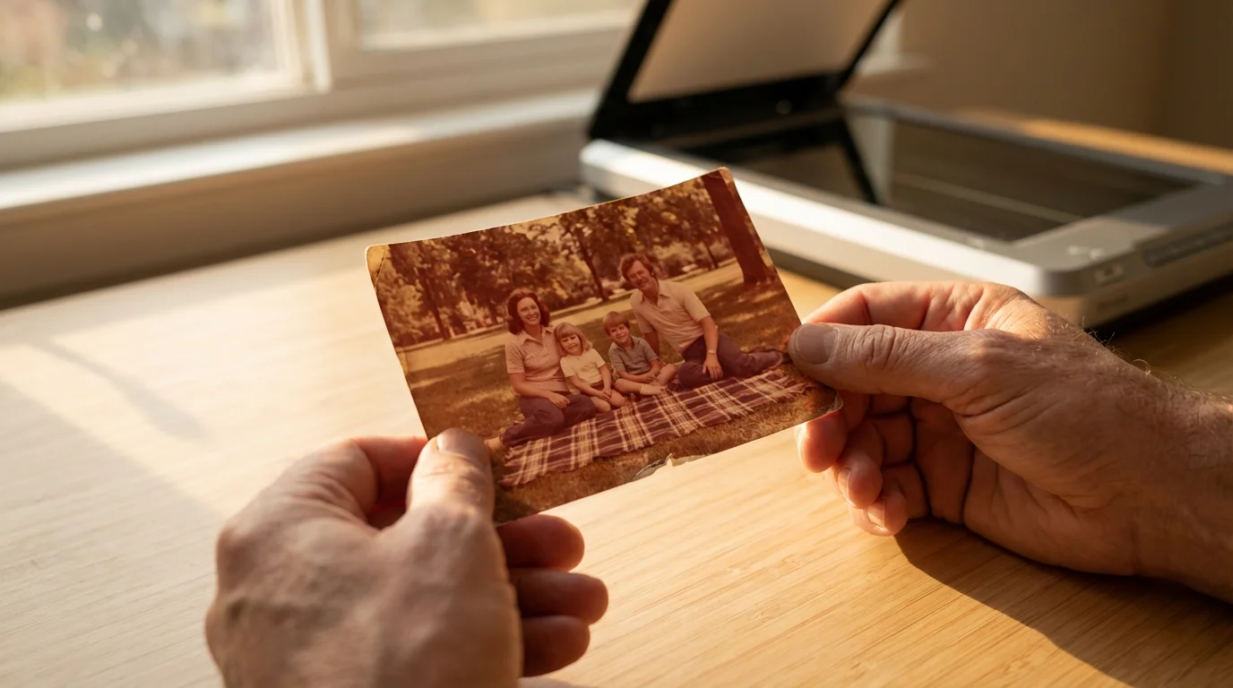 Hands carefully holding a faded vintage photograph above a desk with a scanner.