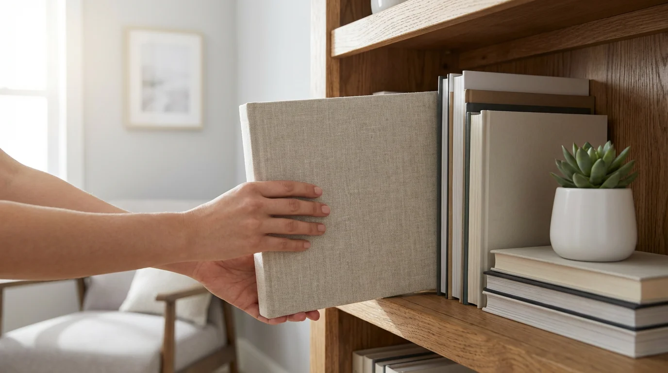 Hands carefully placing a finished photo scrapbook onto a clean, modern wooden bookshelf.