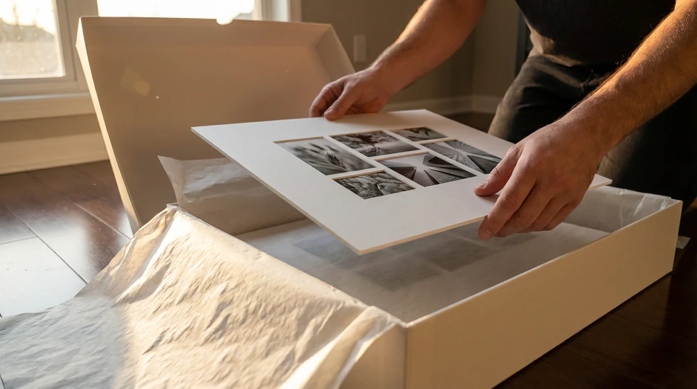 Hands carefully placing a matted photo collage into an archival storage box at sunset.