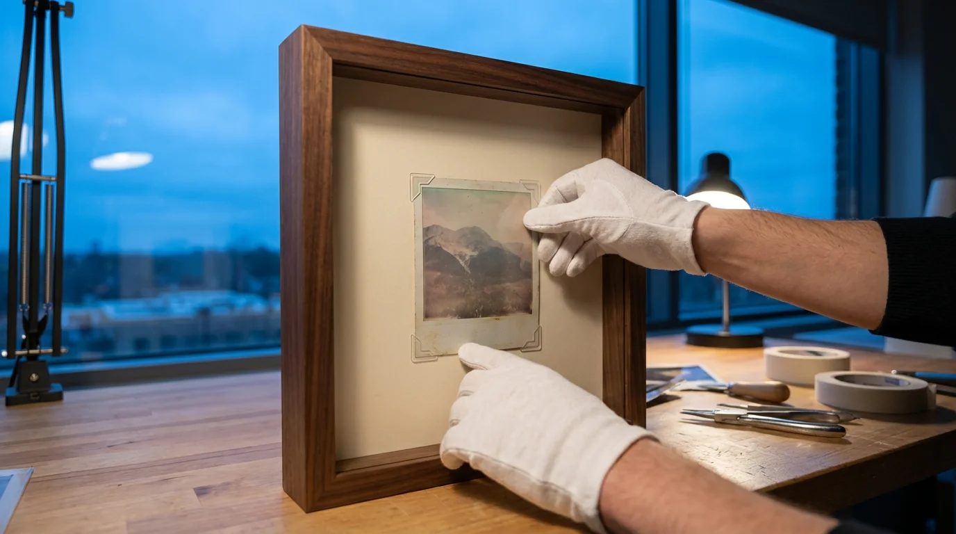 Hands carefully placing a Polaroid photo into a UV-protective archival shadow box frame.