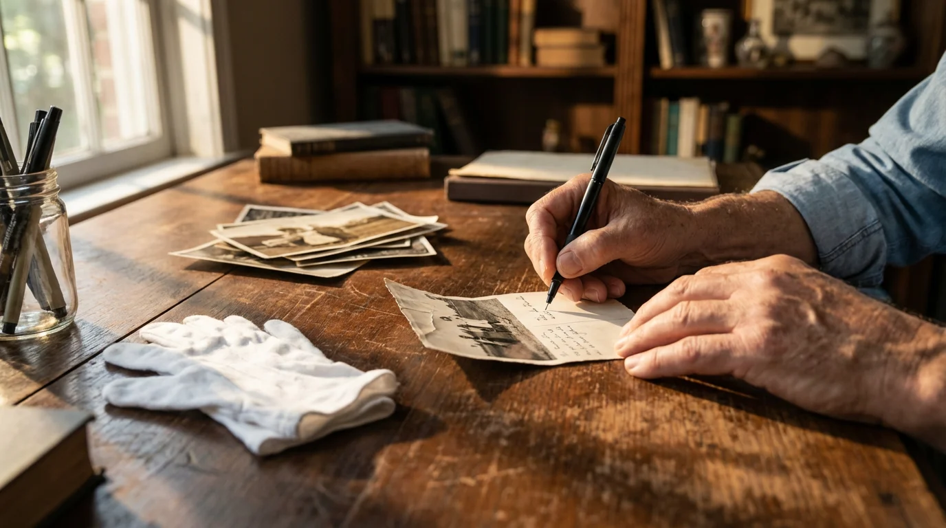 Hands carefully writing a caption on the back of a vintage photograph with an archival pen.