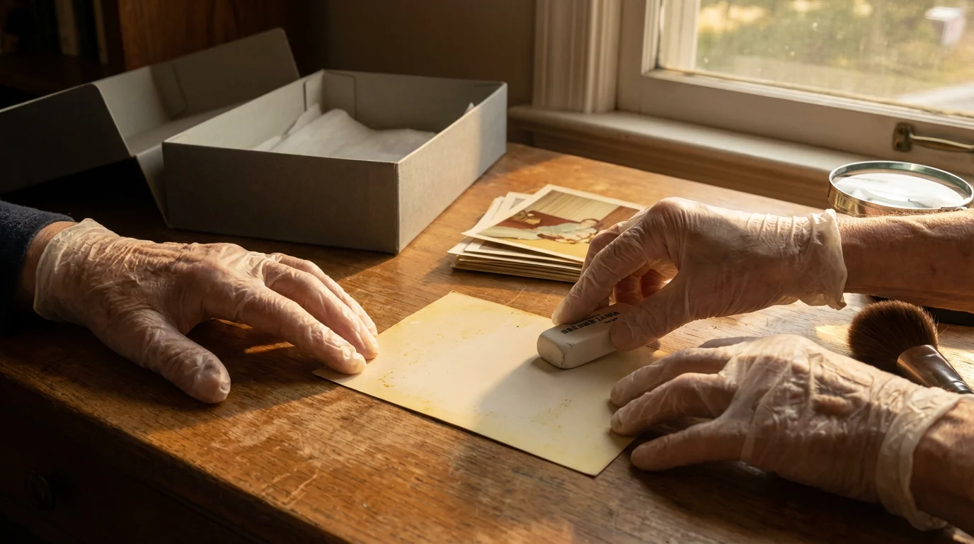 Hands cleaning adhesive from a vintage photo before archiving it in a safe box during golden hour.