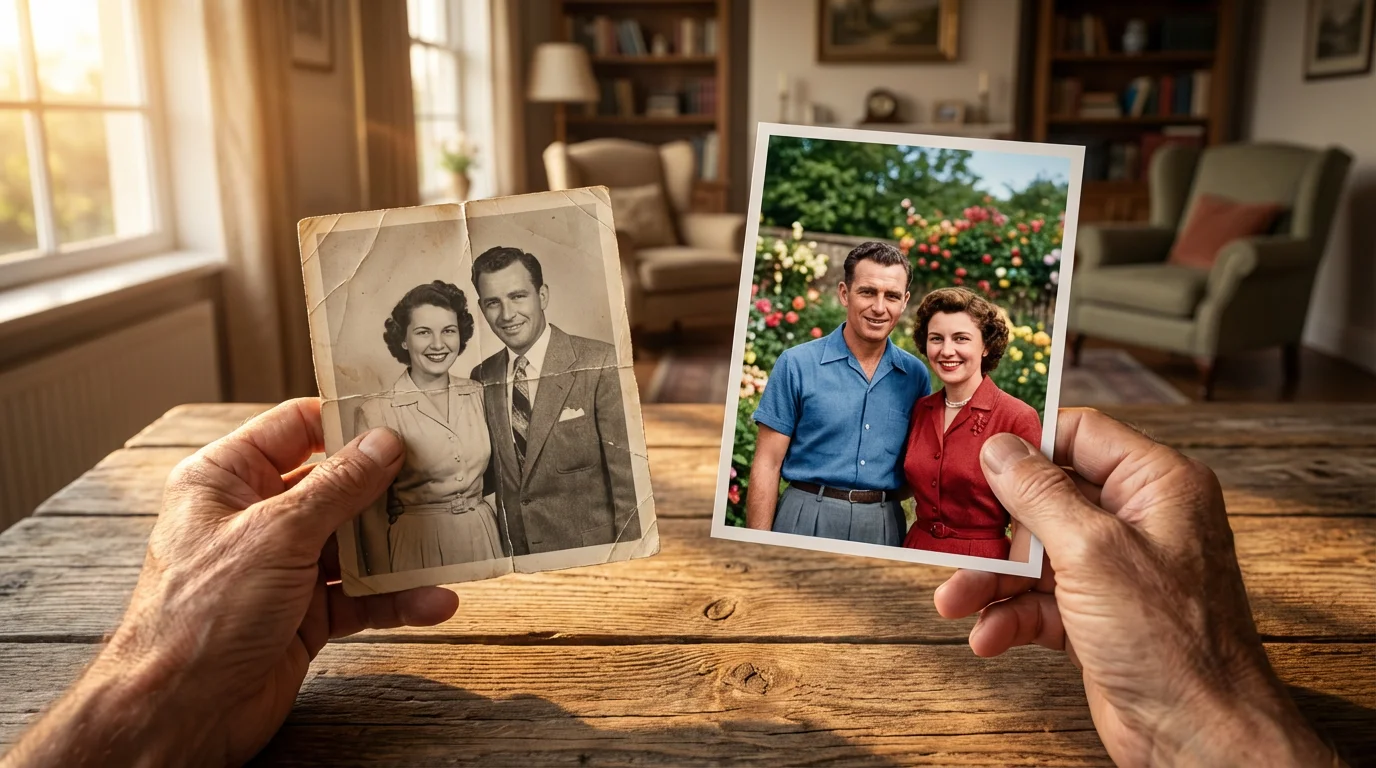 Hands comparing an original black and white photograph with its new colorized version.