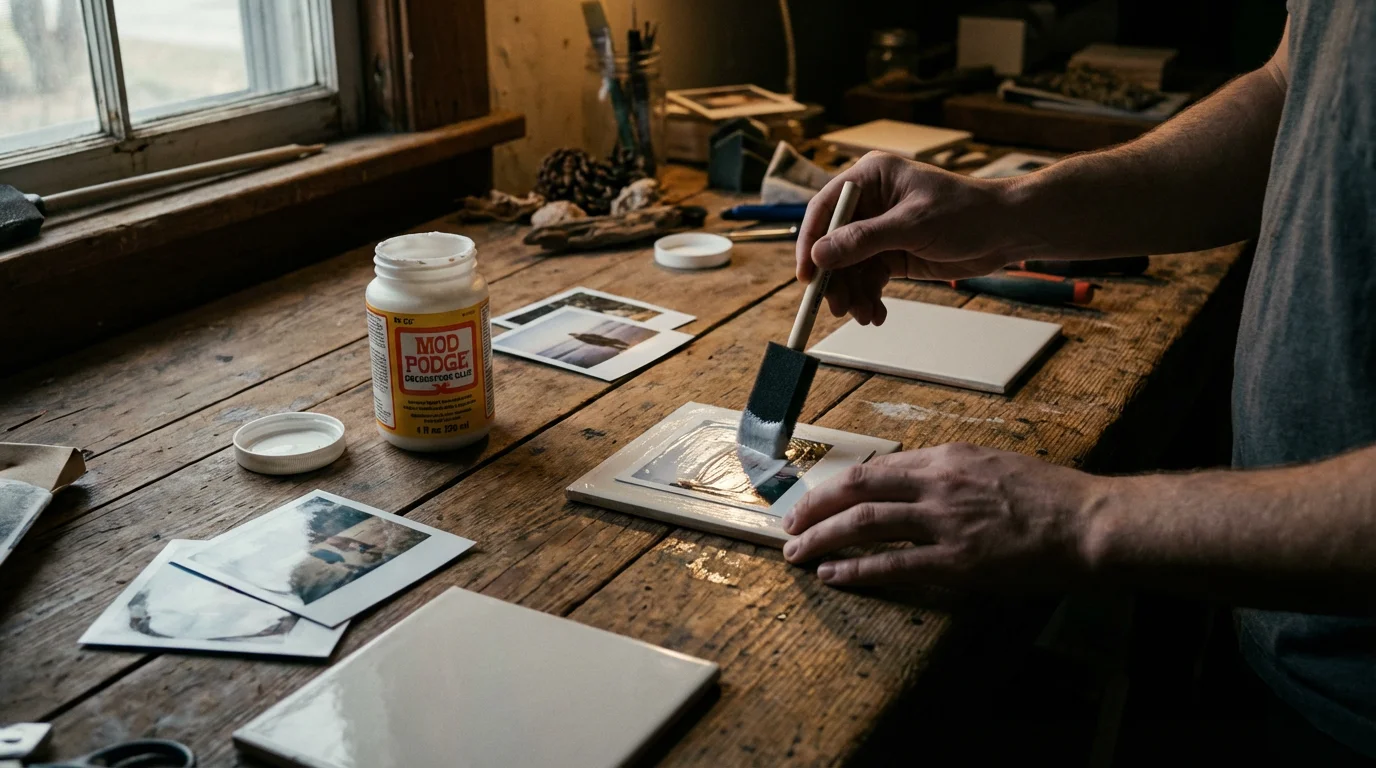 Hands crafting DIY photo magnets with glue and a brush on a wooden table.
