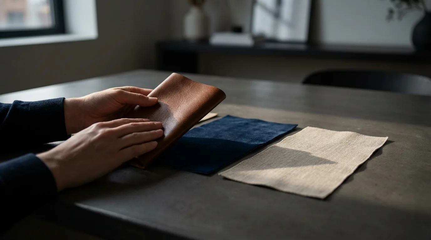 Hands examining various wedding album cover material samples like leather, velvet, and linen.