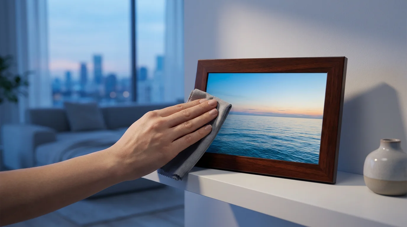 Hands gently cleaning a digital photo frame screen with a microfiber cloth at dusk.