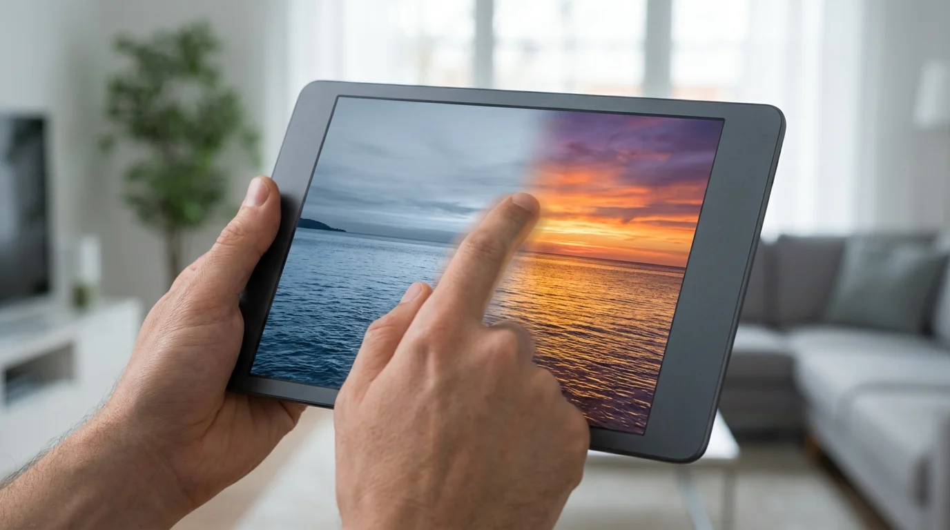 Hands holding a tablet, editing a seascape photo from cool blue to a warm sunset.