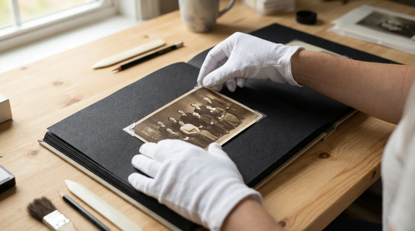 Hands in cotton gloves using archival corners to mount a vintage photograph into an album.