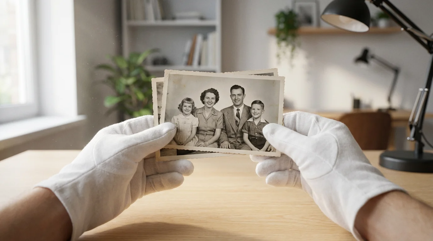 Hands in white archival gloves carefully handling a stack of vintage printed family photographs.