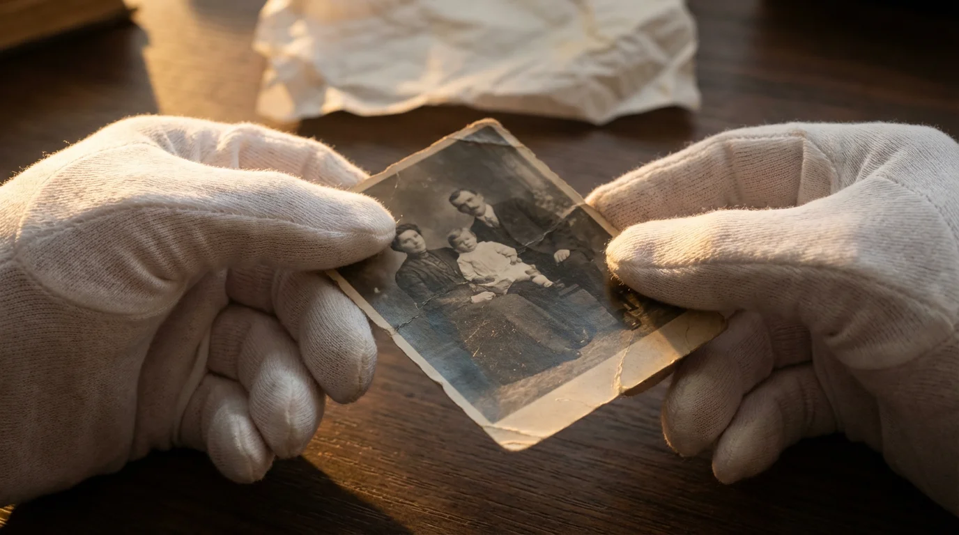 Hands in white archival gloves carefully holding the edge of a vintage, damaged photograph.