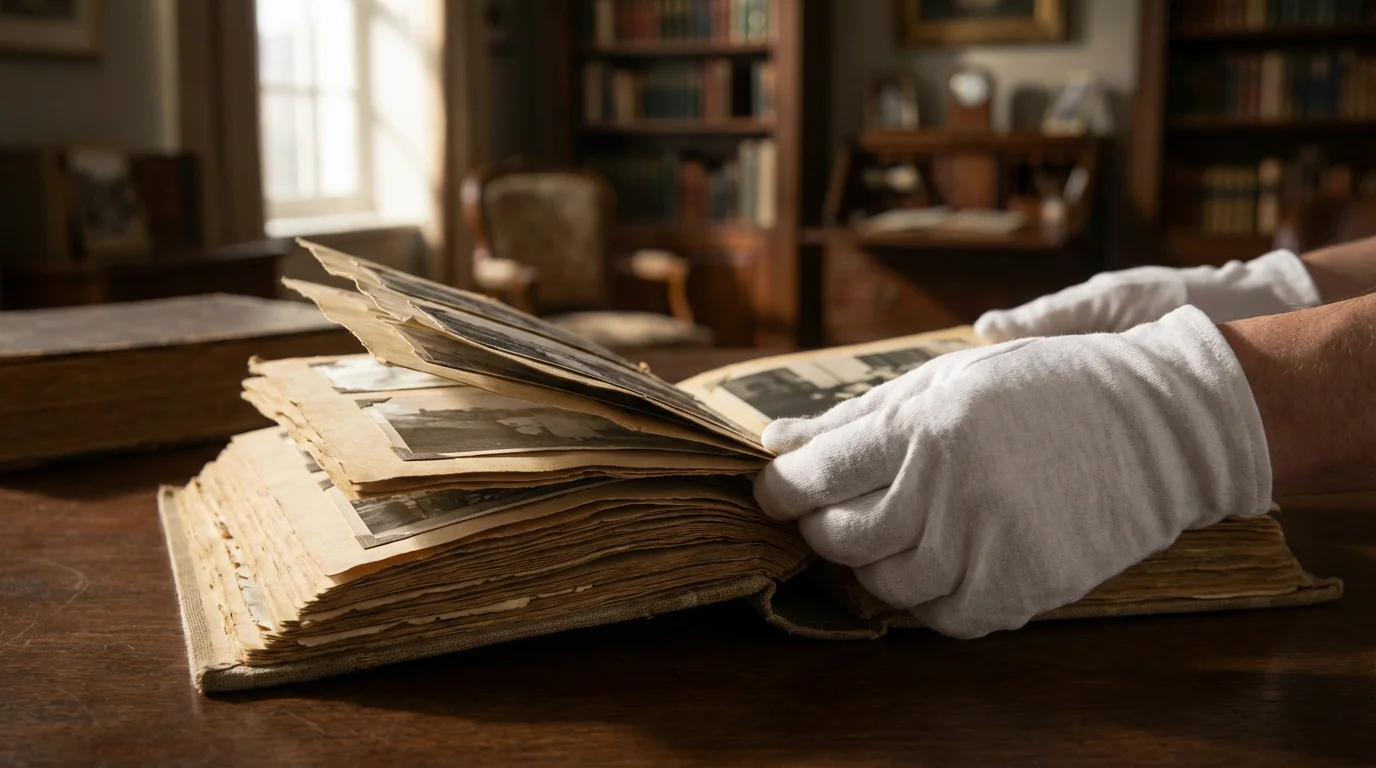 Hands in white gloves carefully assessing a deteriorating vintage photo album on a wooden desk.