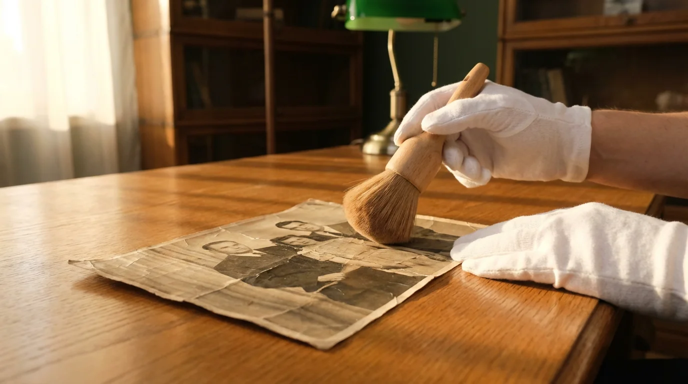 Hands in white gloves carefully brushing dust off a vintage photograph on a desk.
