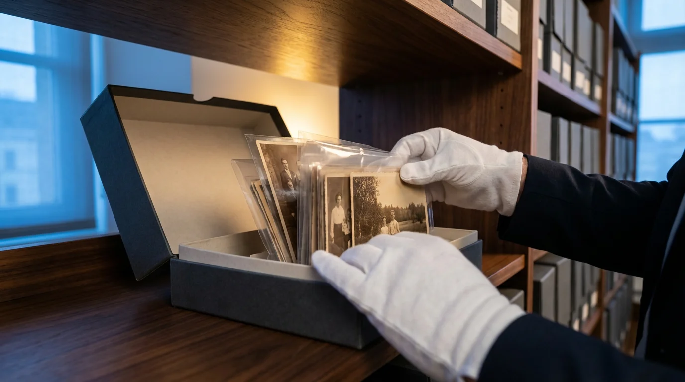 Hands in white gloves carefully place old photographs into an archival storage box.