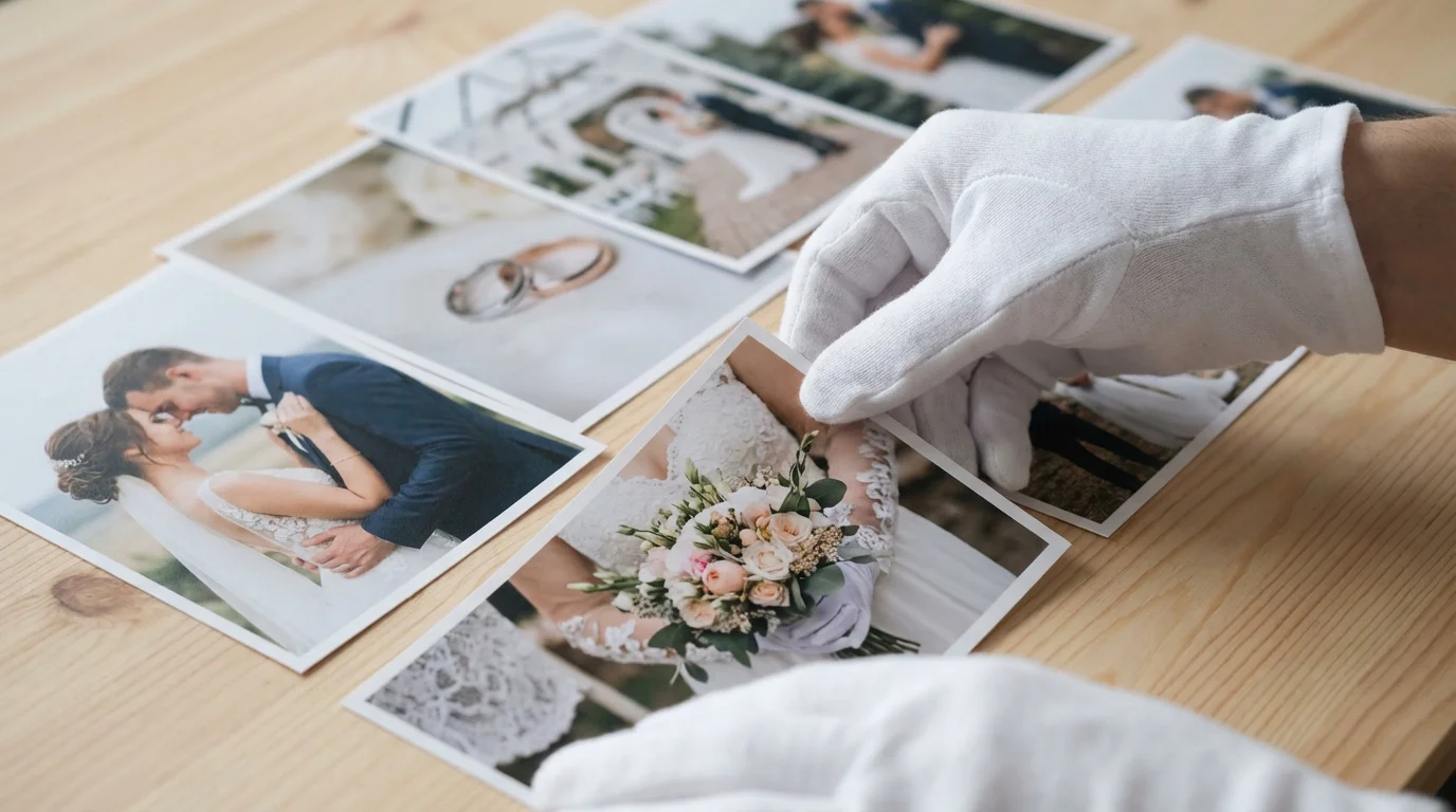 Hands in white gloves carefully sorting through wedding photographs on a wooden table.